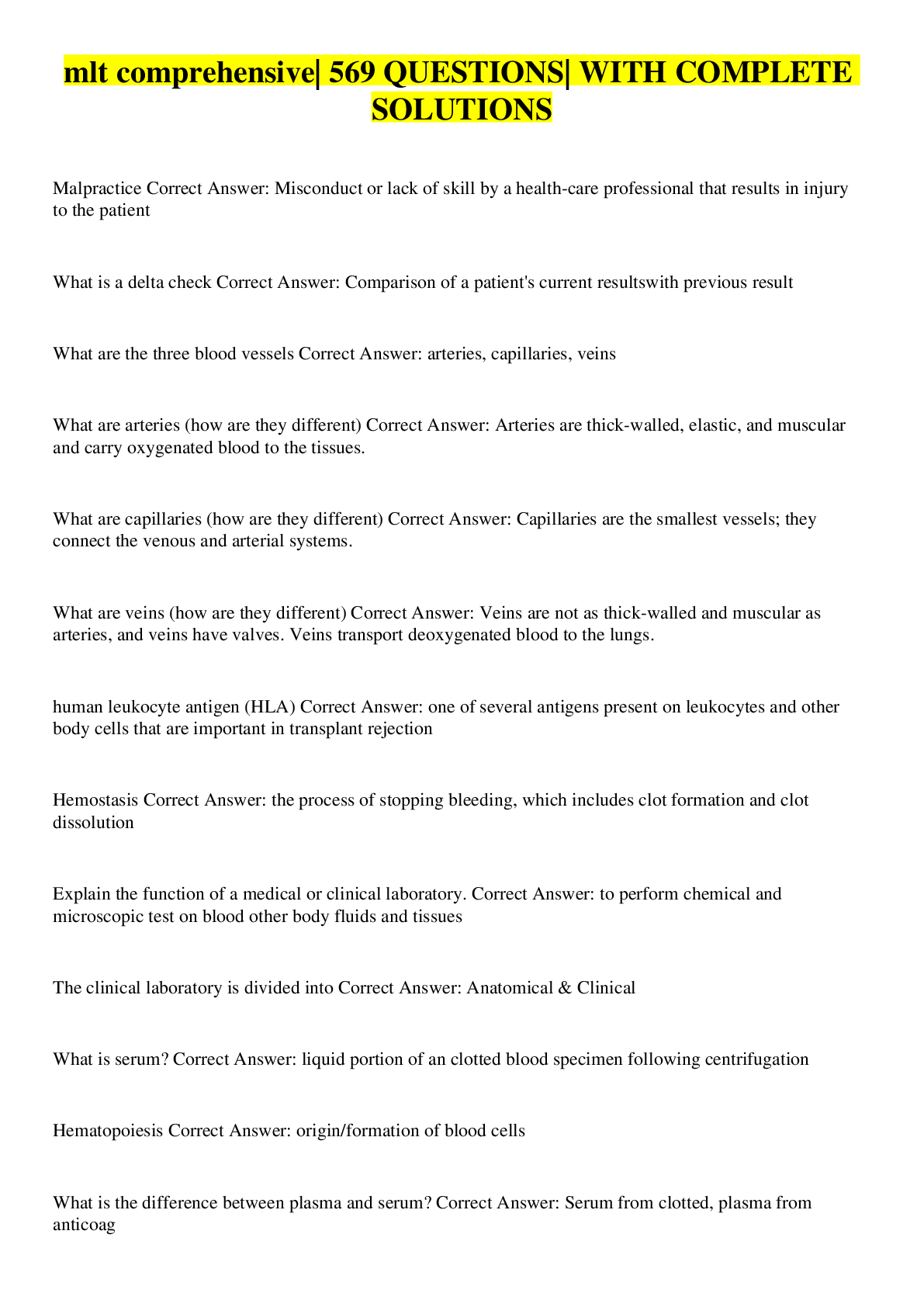 Preview image for mlt comprehensive| 569 QUESTIONS| WITH COMPLETE SOLUTIONS